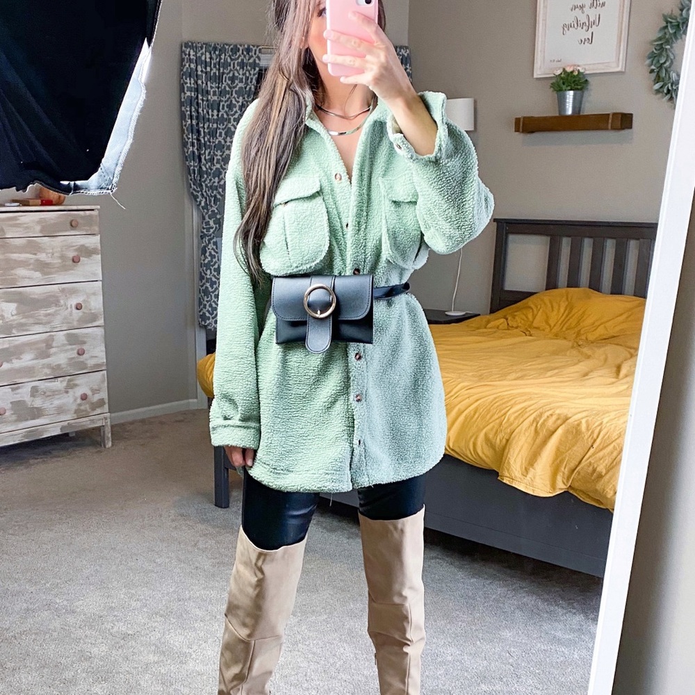 Green Teddy Button Down Top